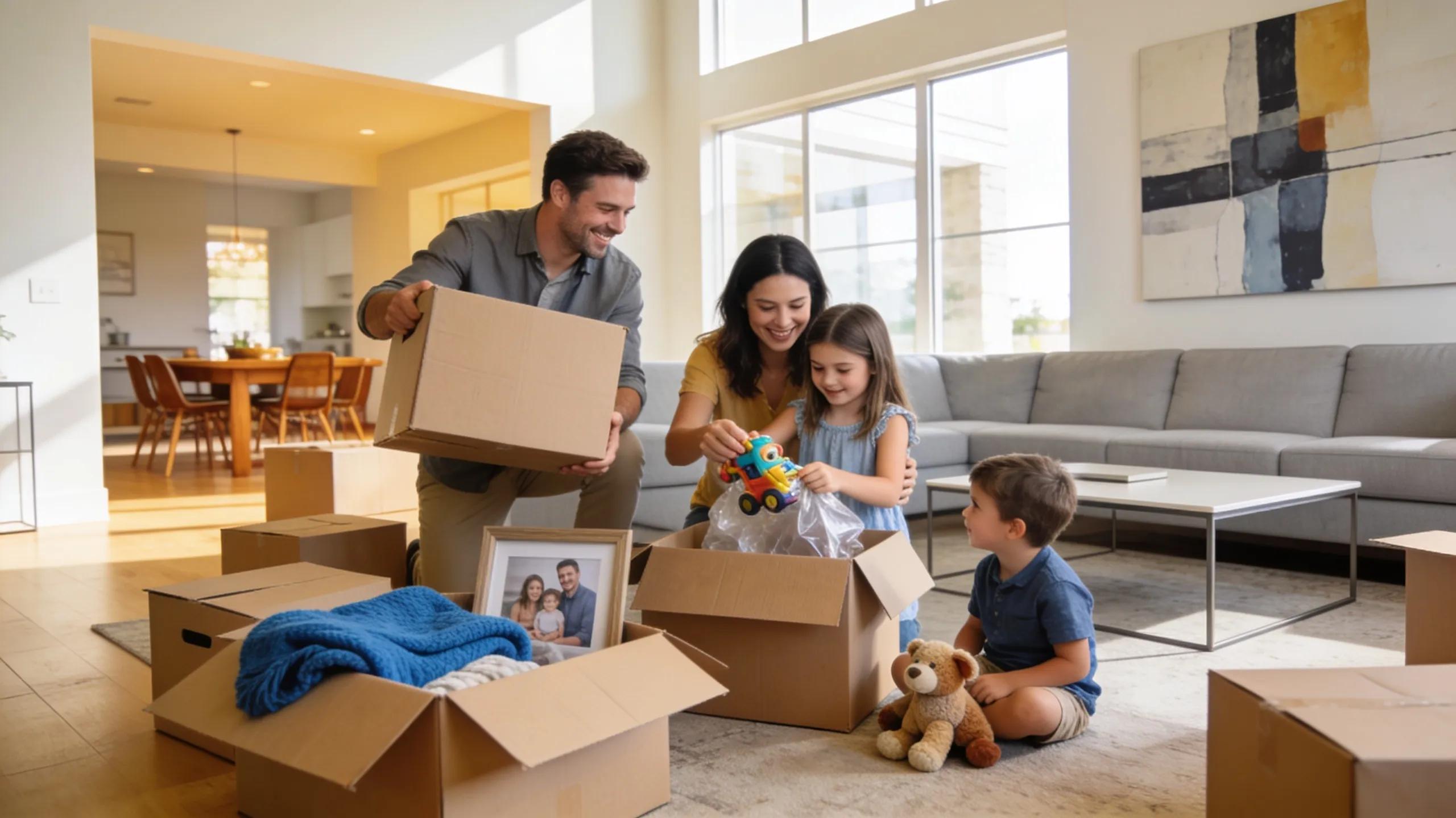 Family unpacking boxes in a new home in Dallas-Fort Worth, symbolizing the moving process
