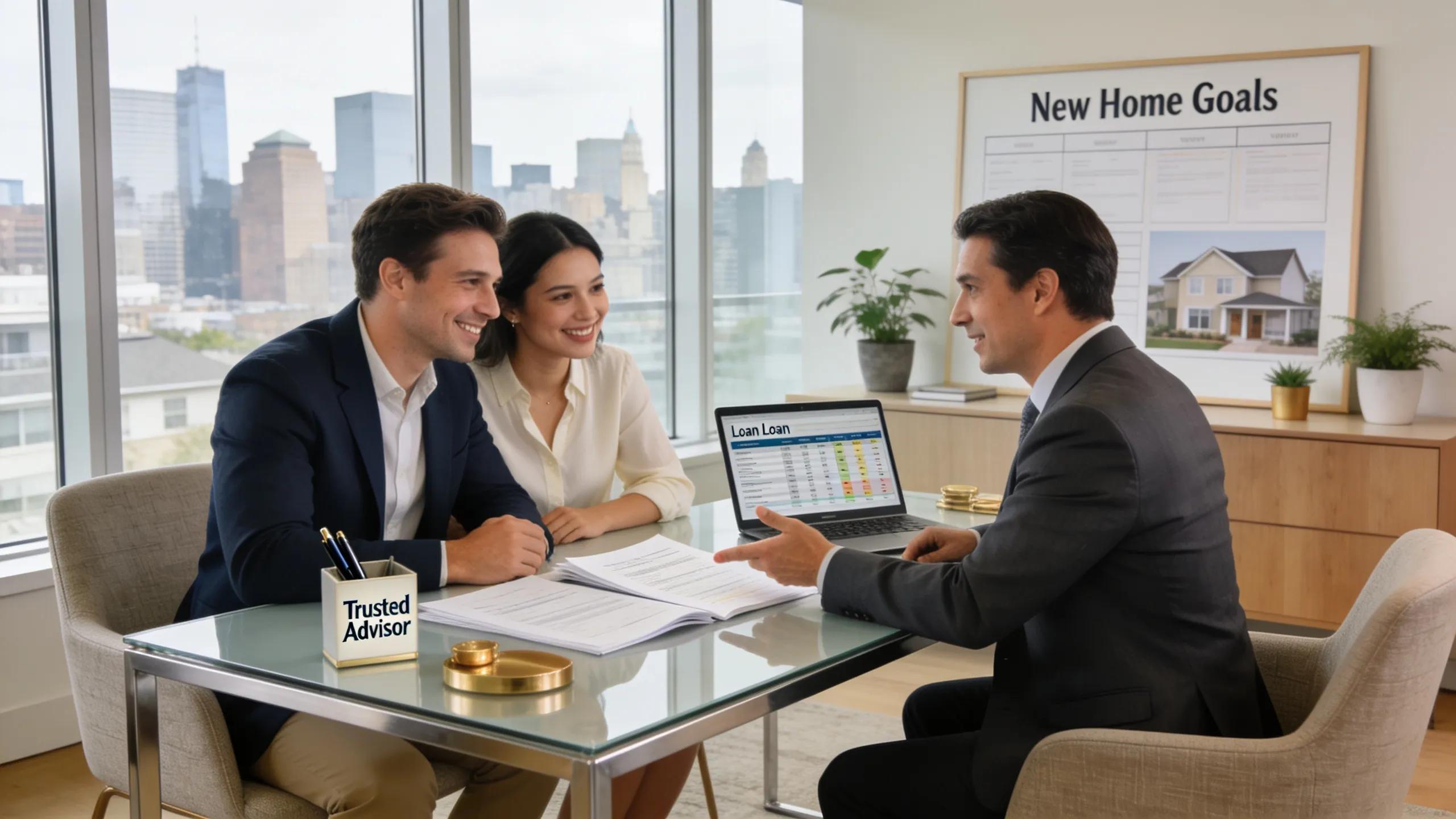 Couple consulting with a real estate agent about mortgage options, emphasizing the mortgage process for relocating buyers