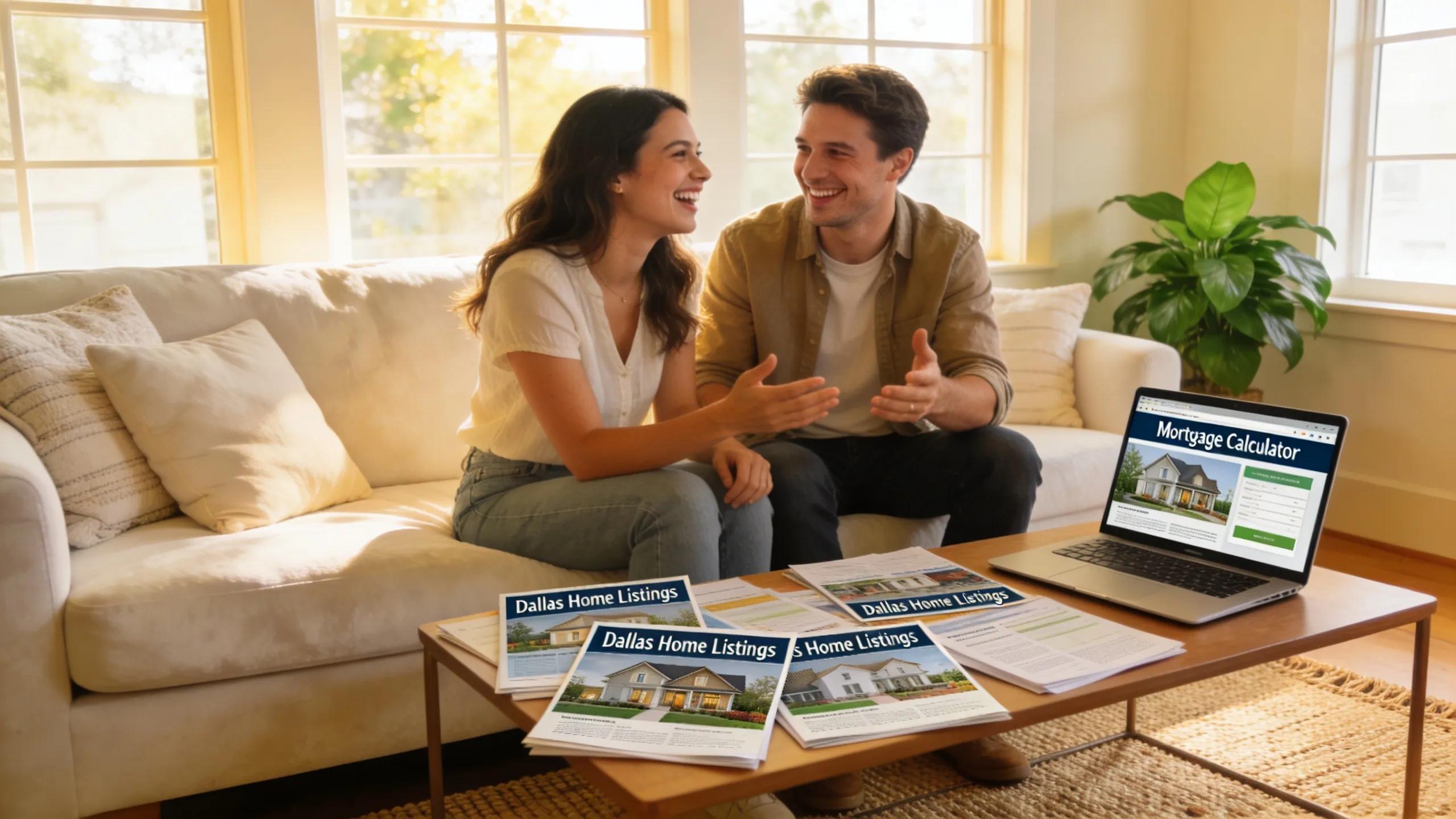 Couple discussing home purchases with mortgage calculator and listings on a coffee table