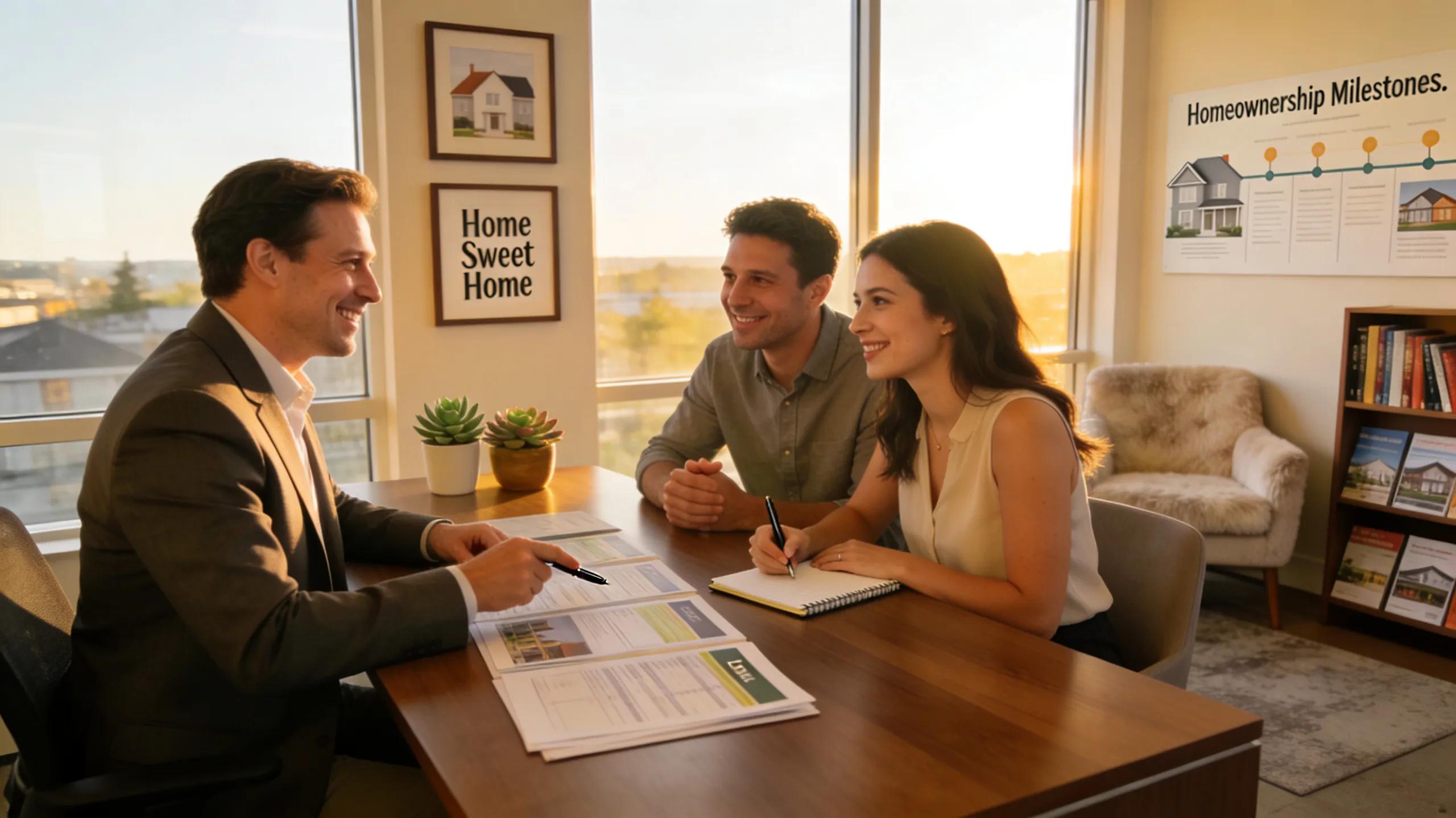 Mortgage lender explaining loan options to first-time homebuying couple in a modern office